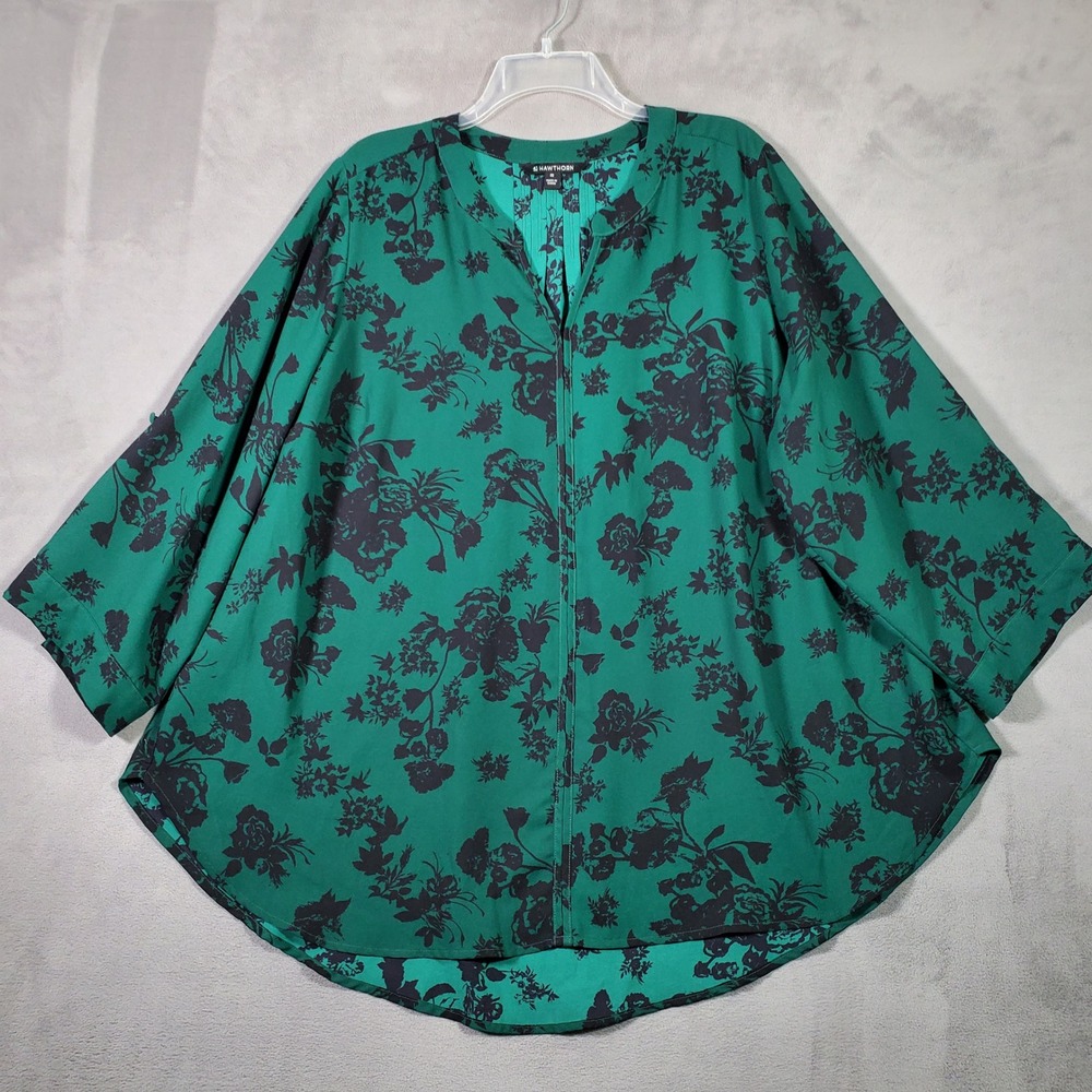 41 Hawthorn Blouse Womens 3X Green Floral Roll Tab Boho Office Dark Academia